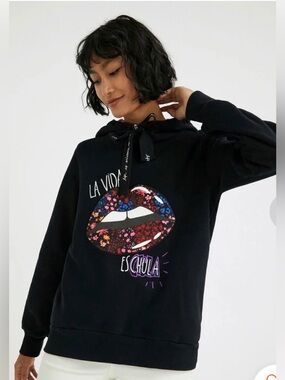 Desigual Black Hoodie with Colorful Floral Lips Graphic